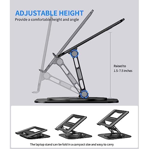 Adjustable Laptop Stand with 360 Rotating Base, Stable Computer Stand for Laptop Ergonimic Foldable Laptop Riser for Desk Compatible with MacBook Pro/Air Notebook up to 16 Inches, Black
