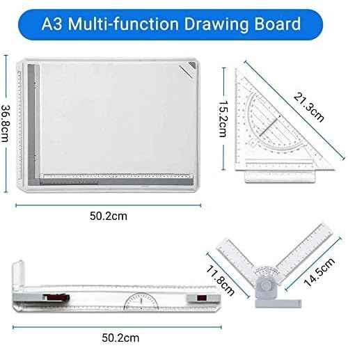 GOTOTOP Drawing Table Board A3 Drafting Board Table Adjustable Measuring System Angle Parallel Motion Drawing Board with Protractor,Paper Locater, Sliding Ruler,Anti Slip Support Leg Office Tool Table