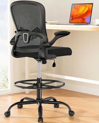 ErGear Drafting Chair Black with Footrest, Flip-Up Arms & Ergonomic Support