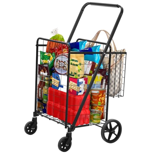 DWVO Jumbo Folding Shopping Cart with Wheels, Rolling Foldable Grocery Cart with Double Basket, Portable Collapsible Utility Cart for Shopping Groceries Laundry Storage Organizer