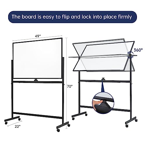 TSJ OFFICE Black Large Rolling Whiteboard - Magnetic Dry Erase Stand, Height Adjustable, Double Sided, 48x32 Inches