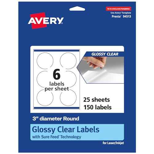 Avery Glossy Clear Round Labels, Sure Feed Technology, 3" Diameter, 150 Glossy Clear Labels, Print-to-The-Edge, Laser/Inkjet Printable