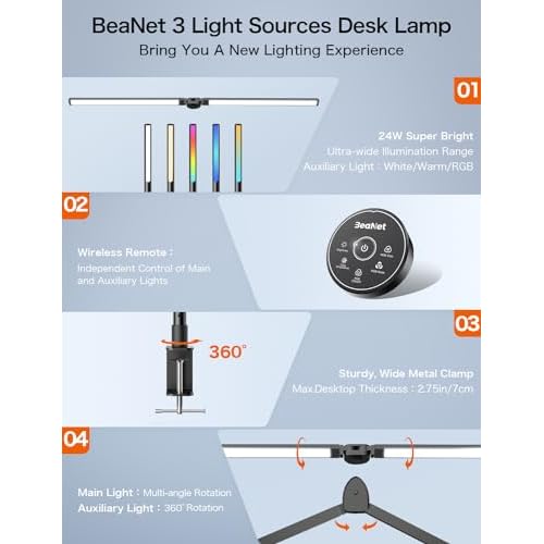 LED Desk Lamp with Clamp,Architect Desk Lamp for Home Office,24W Ultra Bright with RGB Atmosphere Lighting,Remote Control,5 Color Modes & 5 Dimmable Eye Protection for Monitor Studio Reading