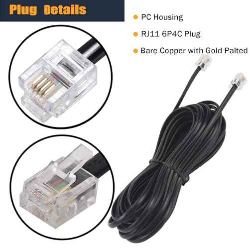 15FT Telephone Extension Cord Cable, Landline Phone Line Wire with RJ11 6P4C Plugs, Includes Cable Clips - Black - 2 Pack