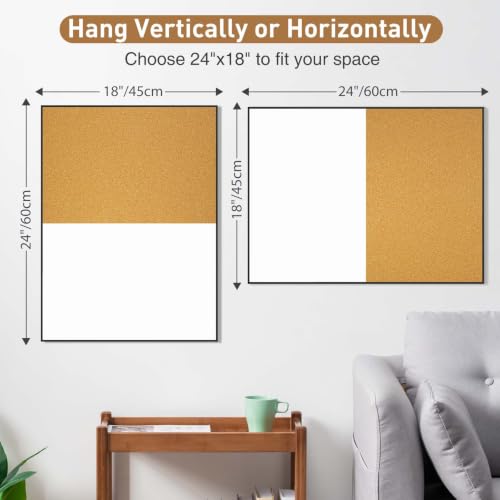 Black Cork & Whiteboard Combo - 18x24 Inches Wall Vision Board with Markers