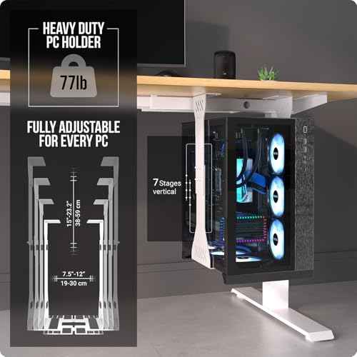 Heavy Duty Under Desk PC Holder ? Up to 77 lbs Load Capacity - Adjustable Computer Tower Holder - Under Desk Computer Mount (White)