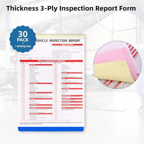 DOT Compliant 30-Pack Vehicle Inspection Forms with 3-Ply Carbonless, Hardboard & Red FMCSA Stickers