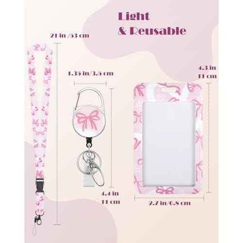 Uniclife Fashionable Sliding Badge Holder Bowknot Pattern Plastic Card Holder with Retractable Badge Reel Carabiner & Detachable Lanyard Vertical Card Protector for Office Worker Teacher Student