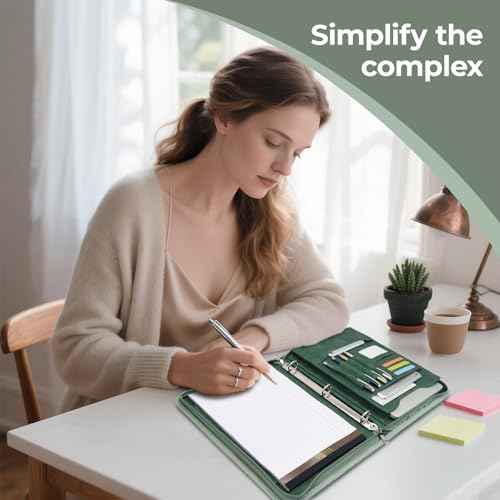 Green Embossed Faux Leather Zippered Padfolio with 3 Ring Binder, Executive Organizer Binder for Women, Fits 13.9" Laptop/Tablet, Refillable Writing Pad