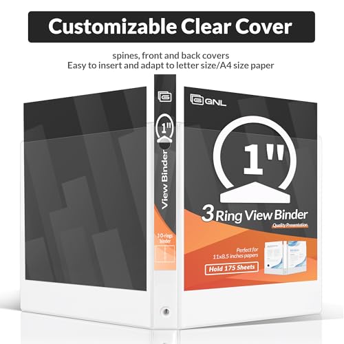 GNL 1 Inch Binders 3 Ring Bulk, 1" Three Ring Clear View Binder (Fit 8.5"x11" Paper) PVC-Free & Non-Stick for Office & School Supplies, White, 12 Pack