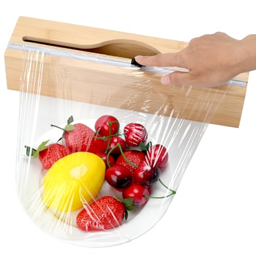 Bamboo Plastic Wrap Dispenser with Cutter, Slide Cling Holder for 12