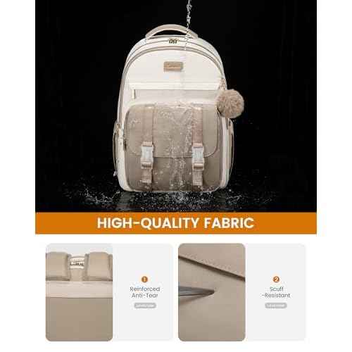 LOVEVOOK School Backpack for Teen Girls, Cute Student Backpack Purse Kid Bookbag for 14-16 Teenage, Back to School Backpacks Fit 15.6 Inch Laptop, Large College Travel Bag, Beige-Khaki