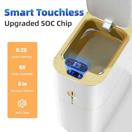 MOPALL Automatic Bathroom Trash Can with Lid, 3.1 Gallon / 13L Smart Motion Sensor Touchless Small Waste Basket, Slim Plastic Garbage Can for Bedroom Kitchen Office Home Toilet, White & Gold
