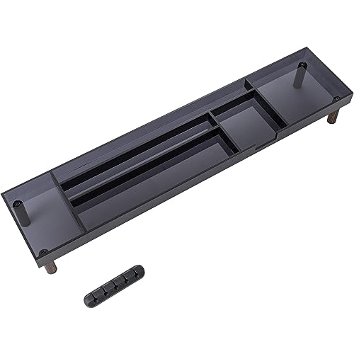 MyGift Modern Desktop Organizer Tray - Premium Translucent Dark Gray Acrylic and Solid Wood Over Keyboard Office Desk Flow Storage - Includes Cable Organizer