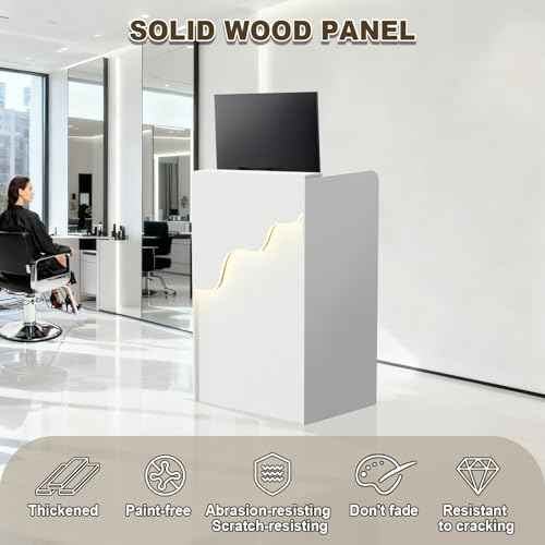 Small Reception Desk with Counter LED Light, Modern Front Desk with Lockable Drawer, White Retail Checkout Counter for Clothing Store Lobby Beauty Salon (White, 37.8x23.6x15.7in)