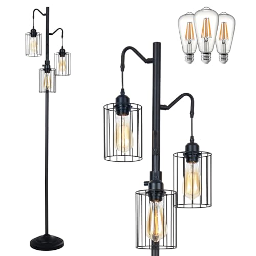 Dimmable Floor Lamp, 3 x 800LM LED Edison Bulbs Included, Standing Lamp, Farmhouse Industrial Vintage Corner Tall Tree Floor Lamps for Living Room Bedroom Office, Black