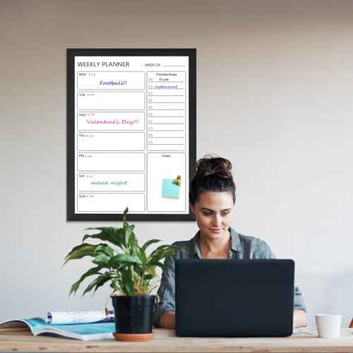 Dry Erase White Board Weekly Calendar Board, Magnetic Whiteboard for Wall,17.7¡°x23.6 Solid Wood Black Framed Message Board, Planner Board for Office, Home, School£¨Weekly-BB-BK-4560