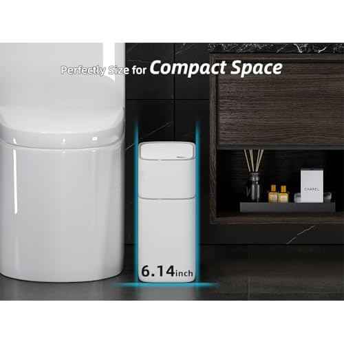 MOPALL Small Bathroom Trash Cans with Lids,Motion Sensor Bathroom Trash Can,Narrow Waterproof Plastic 3.5 Gallon Automatic Adsorption Touchless Garbage Can,White