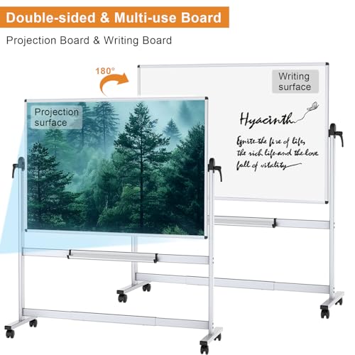 VIZ-PRO Double-Sided Mobile Projection Writing Whiteboard, 72 x 48 Inches, Large Magnetic Rolling Dry Erase Board & Projector Screen with Aluminium Stand