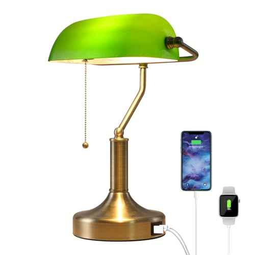 Banker Desk Lamp Green Glass, Antique Desk Lamps with Brass Base, Traditional Library Table Lamp with USB A and Type C Charging Port for Office, Study Room, Pull Chain Switch
