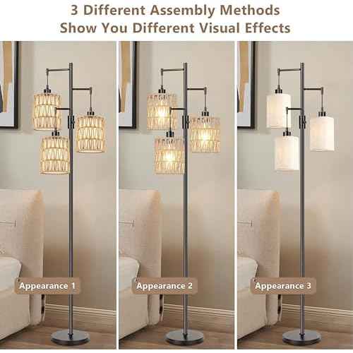 Boho Floor Lamp for Living Room Bedroom-3 Light Dimmable Floor Lamp with Three Led Bulb, Rustic Tall Lamp Black Standing Lamp Tree Floor Lamps for Living Room Bedroom,Office,Corner