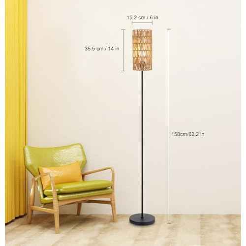 Floor Lamp for Living Room,Farmhouse Rattan Floor lamp,Modern Standing lamp with Hand-Worked Rattan Shade,RGB Bulb with Remote Controller