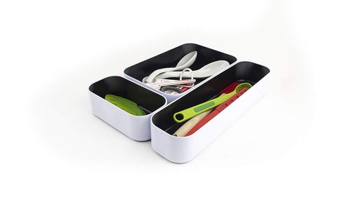 Three By Three Seattle 3 Piece Shallow Metal Organizer Tray Set for Storing Makeup, Stationery, Utensils, and More in Office Desk, Kitchen and Bathroom Drawers (2 Inch, Black and White)