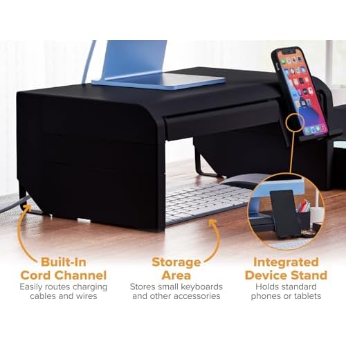 Bostitch Konnect Adjustable Monitor Riser with Drawer, Cell Phone Stand & Pencil Holder, Laptop Stand for Desk, 4 Height Levels, Cable Management & Rubber Feet