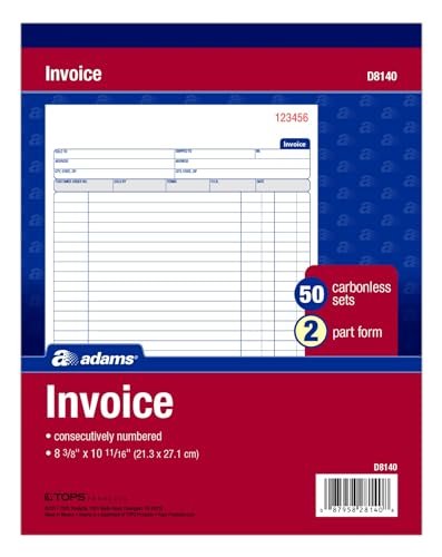 Adams 2-Part Carbonless Invoice Book 50 Sets, 8-3/8 x 10-11/16, White/Canary, 50 count