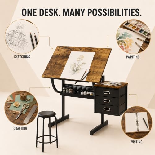 Adjustable Drawing Table with 3 Fabric Drawers & Stool - Black