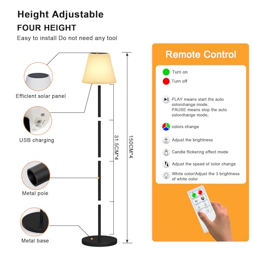 Solar Outdoor Floor Lamp USB Rechargeable Cordless Dimmable RGB Warm White LED Lights for Yard Garden Patio Round Base 59 inch Black