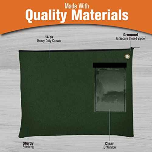 BankSupplies Canvas Interoffice Mailer, 14 oz. - 14W x 11H - Forest Green - Transit Bag - Large Zipper Bag with Grommet - Use with Padlock or Zip Tie for Security - Interoffice Mail Bag