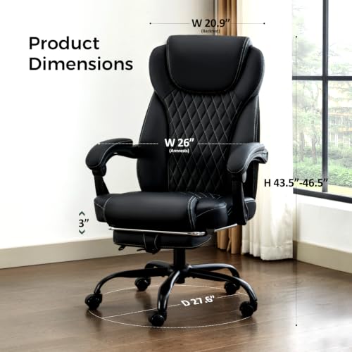 Amseatec Big & Tall Office Chair with Footrest, Lumbar Support, Black, 300Lbs Capacity
