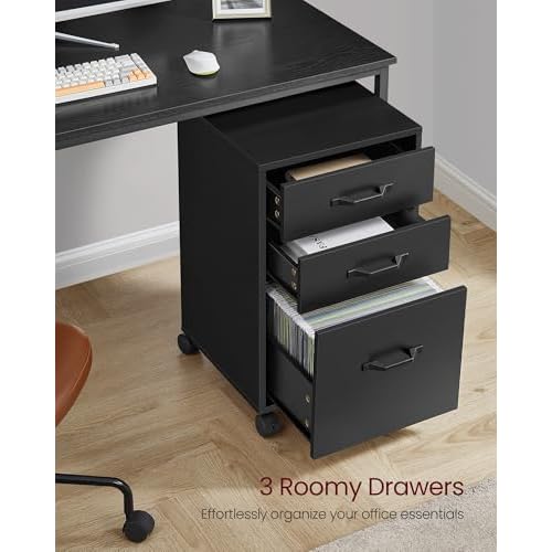 VASAGLE File Cabinet, 3 Drawers Filing Cabinet for Home Office, with Wheels, for A4, Letter Sized Documents, Hanging File Folders, Ink Black UOFC065B16
