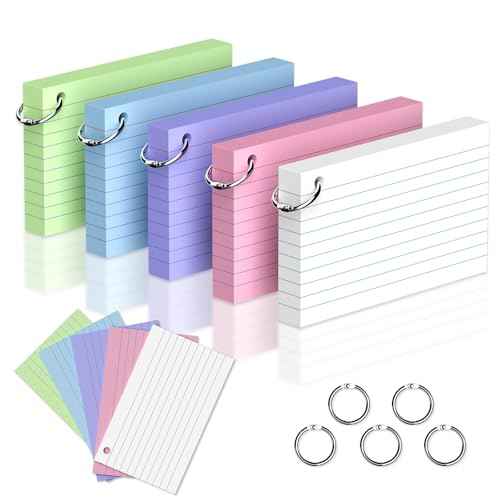 250 Count Colored Index Cards 3 x 5 Inch, Lined Flash Cards with Key Ring, Ruled Note Cards for Office Use, Portable Note Taking Study Flashcards for Home and School
