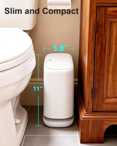 Slim White Bathroom Trash Can with Lid & Air-Press Bag Expander, Pet-Proof, Narrow Space Waste Bin