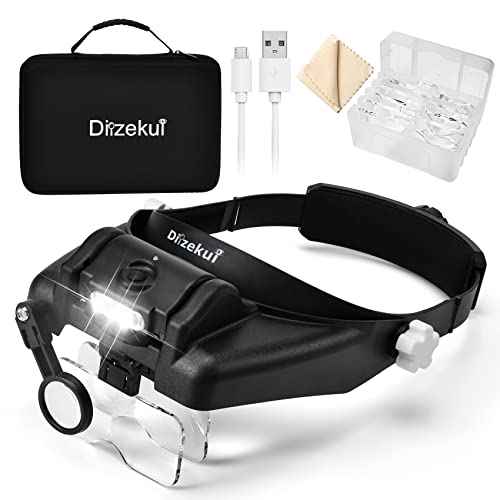 Magnifying Glass with Light 1X to 14X, Rechargeable Magnifying Glasses, Head Mount Manifying Glass, Headset Magnifier with Detachable Lens, Headband Magnifier for Close Work Jewelers Crafts
