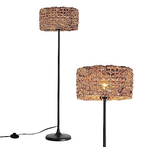 Bamboo Rattan Floor Lamp for Living Room, Boho Hand-Worked Woven Cylinder Lampshade Standing Lamp with Foot Switch, Industrial Black Tall Floor Light Decoration for Bedroom, Farmhouse