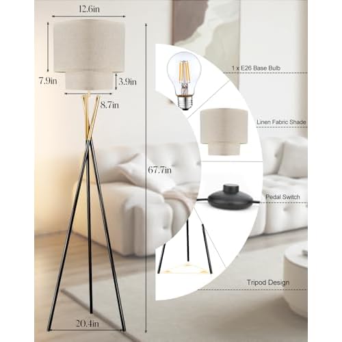 Lightdot Tripod Floor Lamp, Modern Floor Lamps for Living Room, Standing Lamp with Double Linen Shade, E26 Bulb Included, 67.7" Tall Floor Lamp for Bedroom, Home Office
