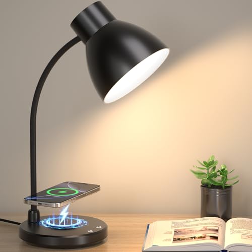 Vicsoon Black LED Desk Lamp with Wireless Charger, Dimmable Office Light