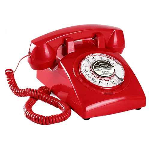 Red Retro Rotary Phone Mechanical Bell, Updated Antique 1960s Telephone(Removable Cord), Old Fashioned Rotary Dial Telephone (Ringer High/Off), Retro Photo Shoot Prop, Vintage Landline Phone for Home
