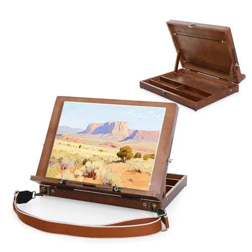 A3 Tabletop Easel for Painting with Page Clips and Strap, Desktop Art Easel, Adjustable from 0¡Æ to 90, Indoor Outdoor, Wooden Drawing Board for Sketching, Book, Diamond Art for Students, Beginner