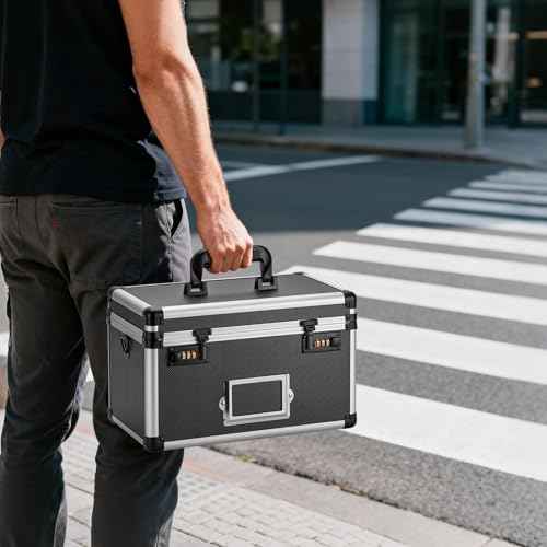 11" x 7" x 8.3"Black Lockable Storage Box w/Combination Lock - Portable Safe & Medicine Lock Box w/Label Slot, Secure for Docs, Medicine, Cash, Valuables | Ideal for Home & Office & Travel