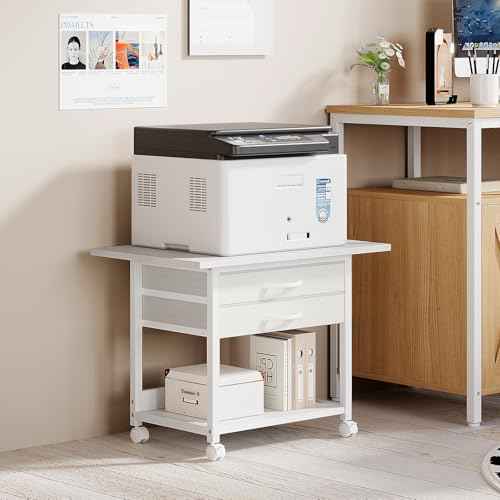 Large Printer Stand with Storage Fabric Drawer Under Desk Printer Table with Wheels for Home Office, Printer Cart fit Fax Machine Scanner 23.4"x15.7" (White, 2 Tiers)
