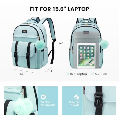LOVEVOOK School Backpack for Teen Girls, Student Backpack Purse for 14-16 Teenage, Cute Kid Bookbag, Back to School Backpacks Fit 15.6 Inch Laptop, Large College Travel Bag, Mint Green