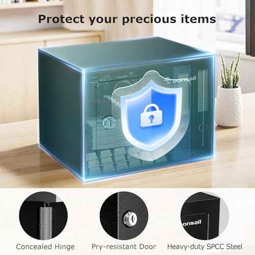 Bonsaii Safe Box with Key Lock, Steel Security Lock Box, 0.23 Cubic Feet, 9.06" W x 6.69" D x 6.69" H, Small Hidden Safe for Cash Jewelry