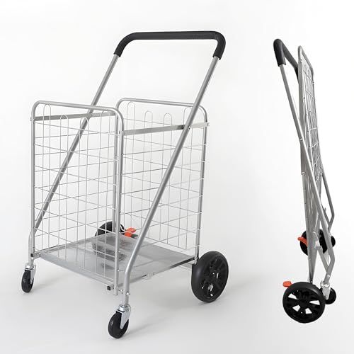 Folding Shopping Cart with Brake - 200 lbs Load Capacity, Lightweight & Sturdy Collapsible Grocery Trolley with 360¡Æ Swivel Rubber Wheels, Foldable Cart with Removable Bag for Shopping - Silver