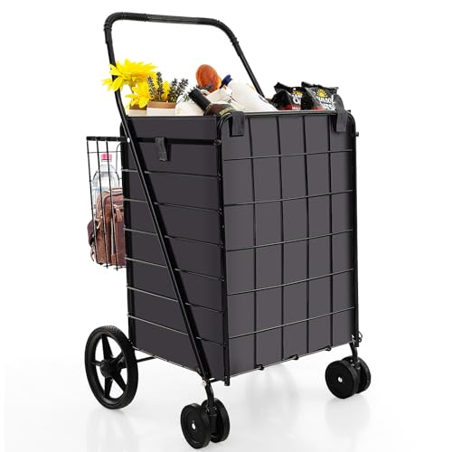 S AFSTAR Folding Shopping Cart with Wheels, 27 Gal Grocery Cart with Oxford Liner Bag & Double Basket, 330 LBS Weight Capacity, Portable Granny Cart Shopping Cart for Market Laundry (Black)