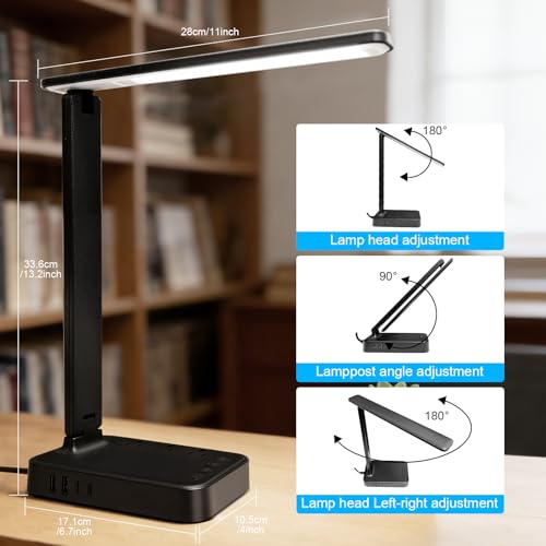 Karidi LED Desk Lamp with Power Strip, USB-C & AC Outlets, Dimmable Touch Light