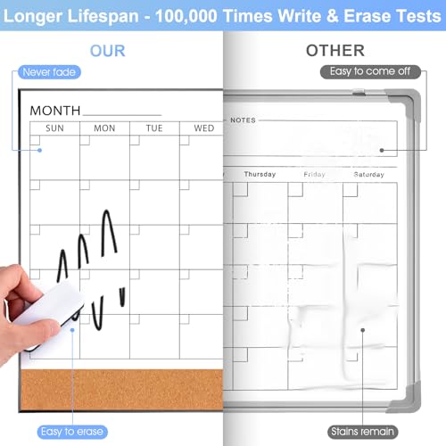 ARCOBIS 24x18 Black Wall Dry Erase Calendar with Cork Board, Includes Markers & Pins